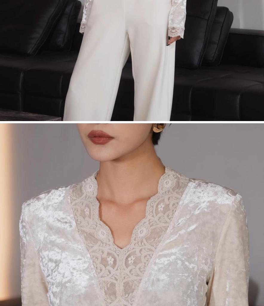 Women's V-Neck Lace Trim Layered Top - Autumn, Spring, Winter - Faux Fur & Velvet, Elegant & Unique.