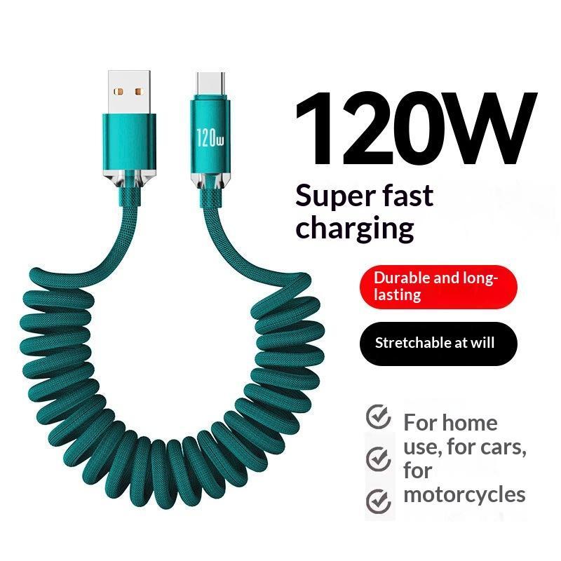 120W Car Type C To Usb C Fast Charging For Phone Usb A To Type C Spring Telescopic Cable For Car Travel Office Use