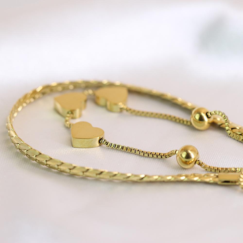 8MM Smooth Surface Heart 18K Gold Stainless Steel Double Layer Bracelet, Laser Engravable