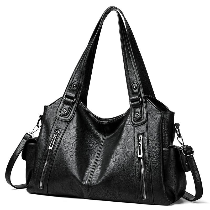 Women PU Leather Tote Shoulder Bag Large Capacity Multi Zipper Pockets Handbag Detachable Crossbody Strap Soft Vintage Casual Daily Shopping