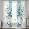 Spring Summer Eucalyptus Leaves Stripes Blue-Green Tulle Window Curtains for Bedroom Luxury Drapes in Living Room Chiffon Panels