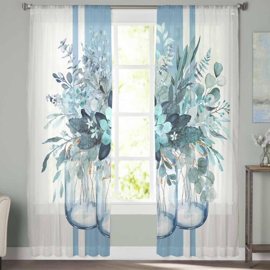 Spring Summer Eucalyptus Leaves Stripes Blue-Green Tulle Window Curtains for Bedroom Luxury Drapes in Living Room Chiffon Panels
