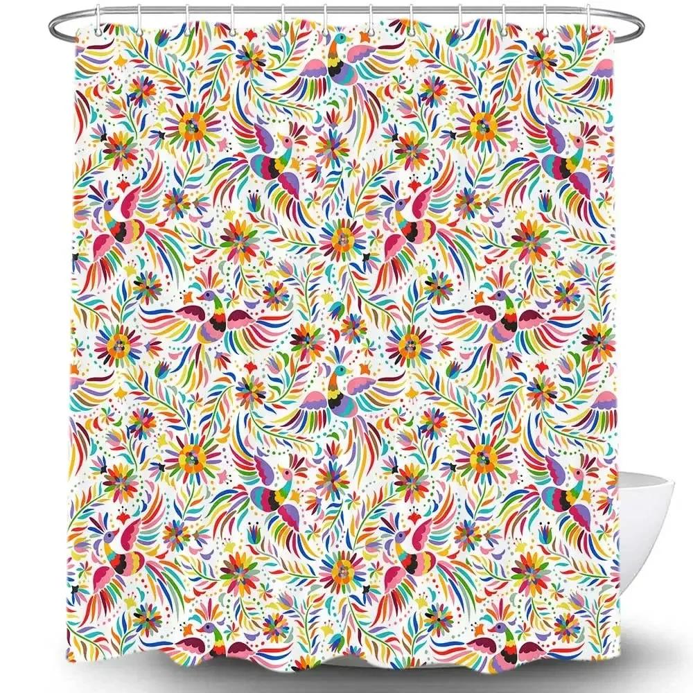 Mexican Floral Shower Curtain, Ethnic Art, Birds and Paisley, Flowers in White,Polyester, Waterproof, Bathroom Decor
