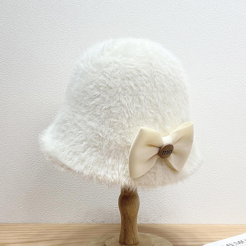 New Autumn and Winter Fisherman Hat with Butterfly Bow Cold Resistant and Warm Solid Color Simple Bucket Hat