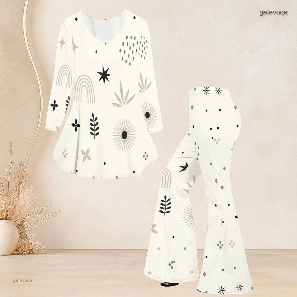 Women Plus Size Two Piece Set Round Neck Three Quarter Sleeve Abstract Printed Flared Top And Flared Pants