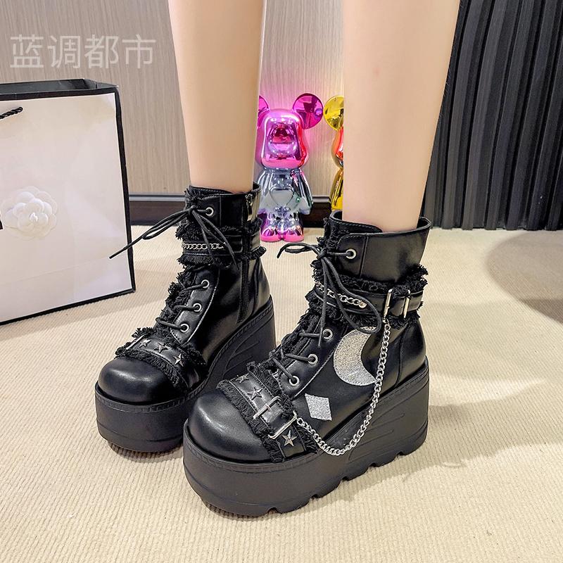 Fashion Platform Thick Gothic Boots Lady Buckle Autumn Women 9CM Wedges High Booties Punk Street Cosplay Botas Motorcycle Chain Shoes