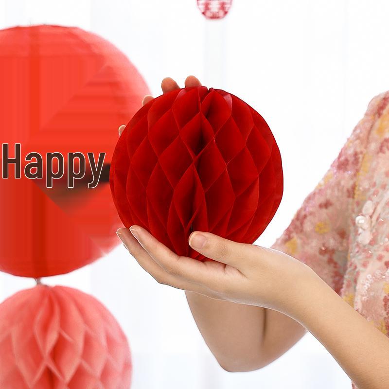 Wedding Double Happiness Garland & Lantern Set with Honeycomb Ball Columns for Background Decor