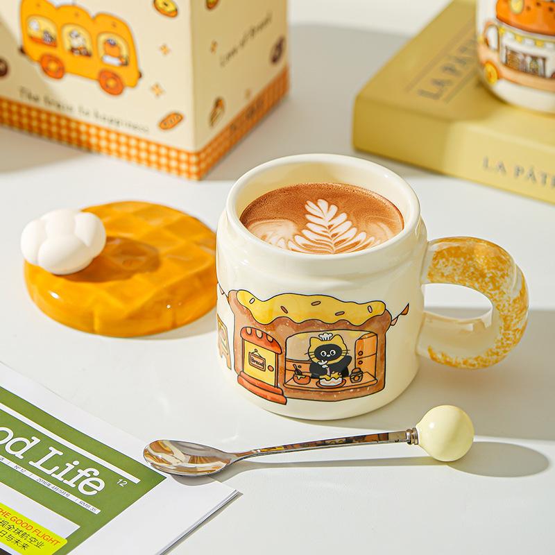 Korean Creative Bread Mug Cartoon Cat Ceramic Cup with Lid Household Water Cup Birthday Gift Souvenir