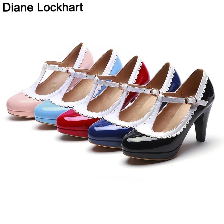 Fashion Spring Vintage T Strap Mary Janes Shoes For Women Blue Patent Leather Platform Pumps Female Ladies Footwear Sandalias De Mujer