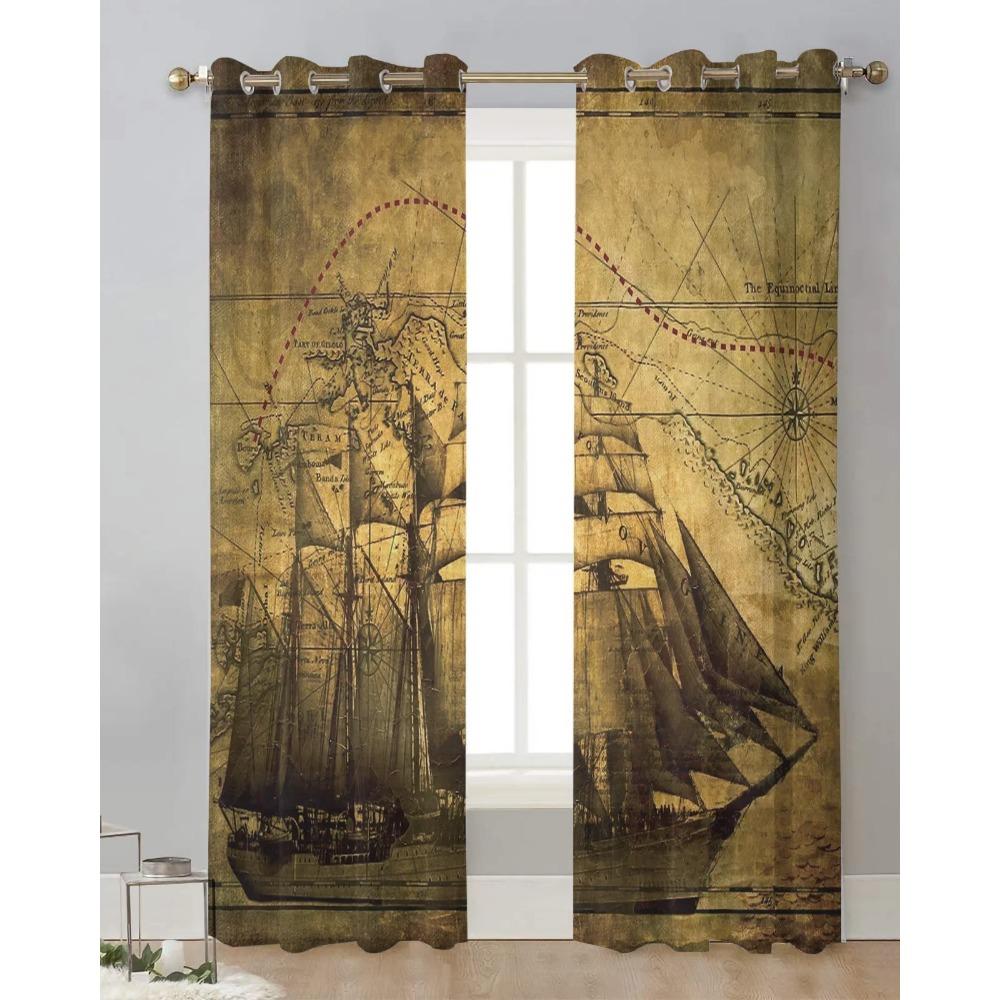 Vintage Sailing Ship Nautical Chiffon Sheer Curtains for Living Room Bedroom Decoration Window Voiles Tulle Curtain Drapes
