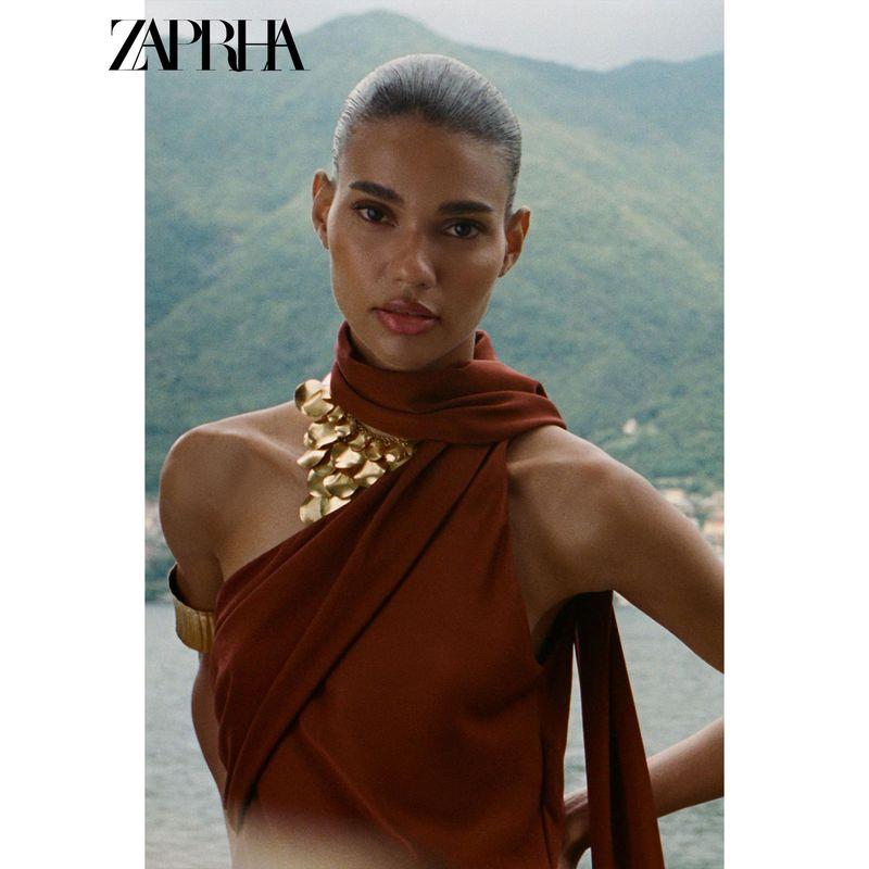 Zaprha 2025 Summer New Asymmetric Scarf Side Fold Design Midi Dress 5029170