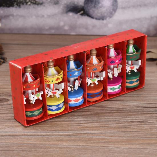6Pcs Wooden Carousel Christmas Ornament Xmas Tree Hand-painted Merry-Go-Round Hanging Decoration Home Office Holiday Party Pendant