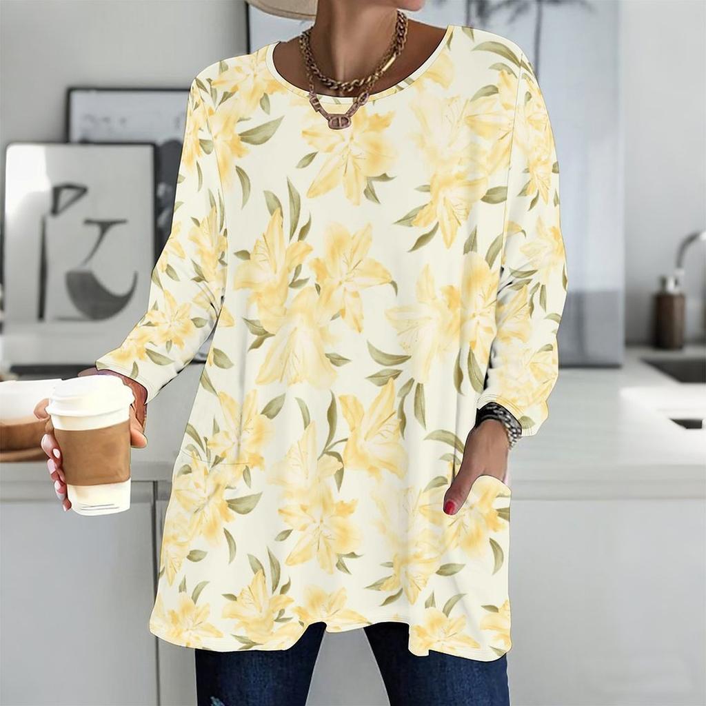 Plus Size Ladies Crew Neck Long Sleeve T Shirt Soft Baggy Tops For Home Relax And Outdoor Walking