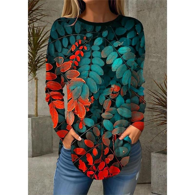Fashion Women's T Shirt Tee Leaf 3D Print Casual Holiday Fashion Long Sleeve T-shirt Crew Neck Yellow Summer Sweatshirt Pullover