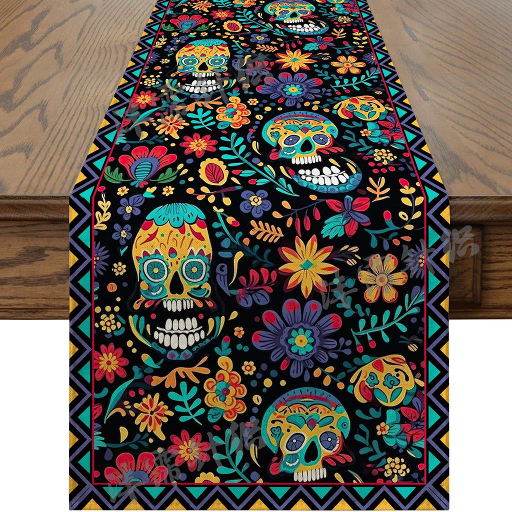 Halloween Table Runner Faux Linen Long Strip Day of the Dead Christmas Holiday Dining Decor