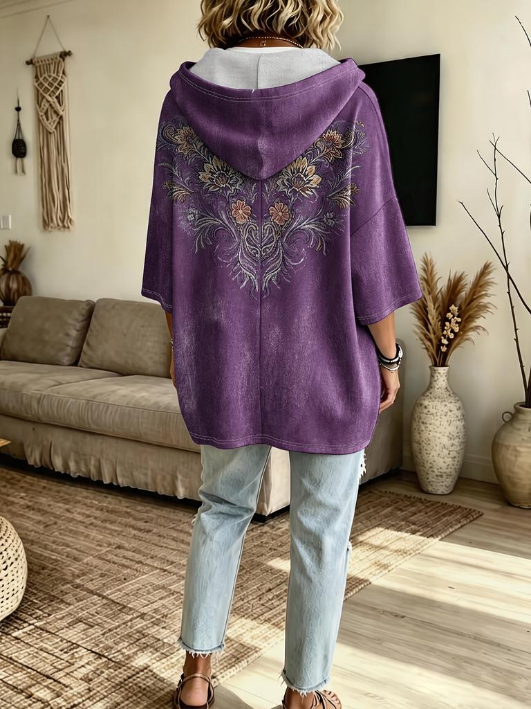Printed retro ethnic floral hooded sweatshirt, European and American large size women's three-quarter sleeve loose shoulder hoodie
