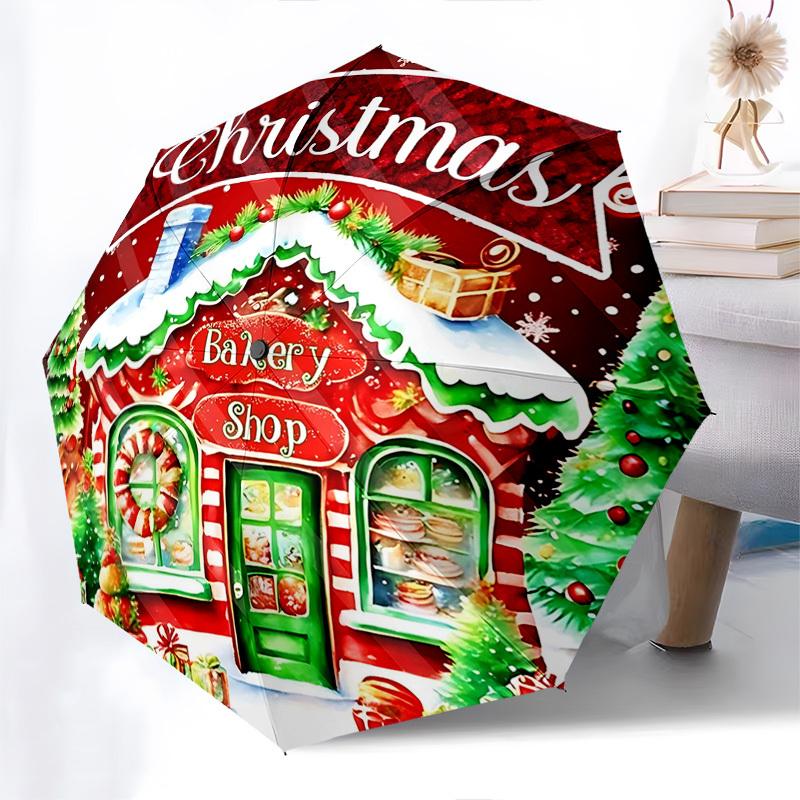 

1pc Christmas Bakery Shop Automatic Opening Umbrella, Portable Tri-Fold Design with 8-Bone Iron Frame, Outdoor Umbrella for Fans, Travelers, Daily Use