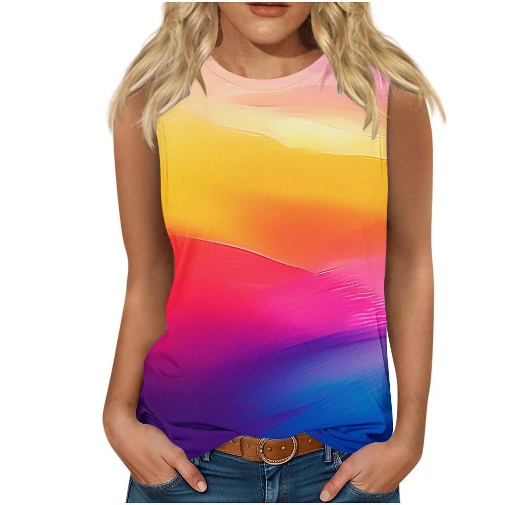 Bunte Streifen 3D-Druck Tanktops Damen Neu O-Ausschnitt Lässige Weste Schulterfrei Y2k Elegant Ärmelloses Top Camisole Damenbekleidung