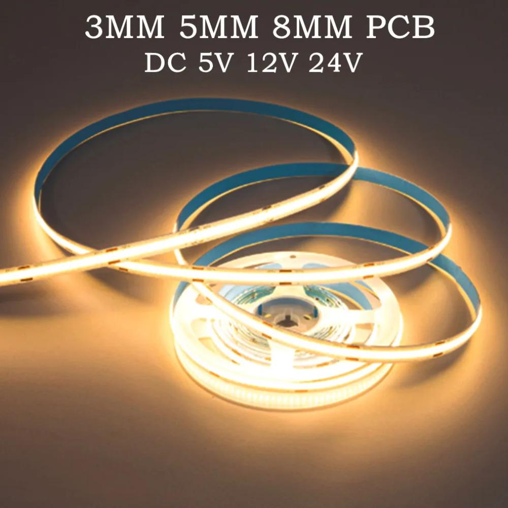 COB LED Strip Light 5V 12V 24V 320 400 LEDs Flexible Tape 5mm 3mm 8mm PCB Warm White/White High Density Linear Lights