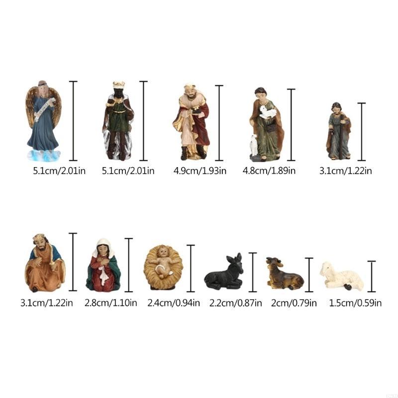 62KD 11pcs Mini Nativity Scene Figurine Set Holy Family Scene Resin Miniature Figurines Holiday Tabletop Decor for Christmas