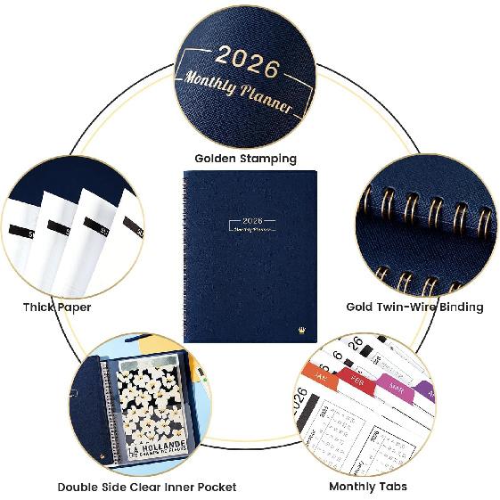 2026 Monthly Planner - 2026 Planner, Jan. 2026 - Dec. 2026, 9" x 11", 2026 Monthly Calendar,12 Colorful Tabs, Faux Leather, Pocket, Note Pages,