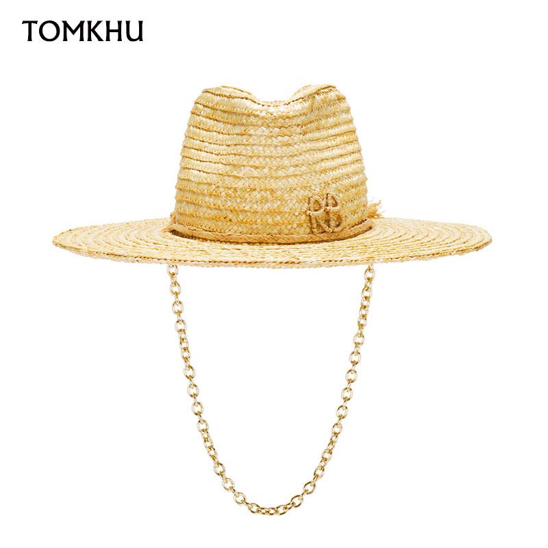 My Extreme Outdoor Activities Women's New Summer Straw Hat For With Letter And Chain Wide Brim Floppy Sun Hat Summer Panama Jazz Hats Lady Beach Boater Cap 54-59Cm