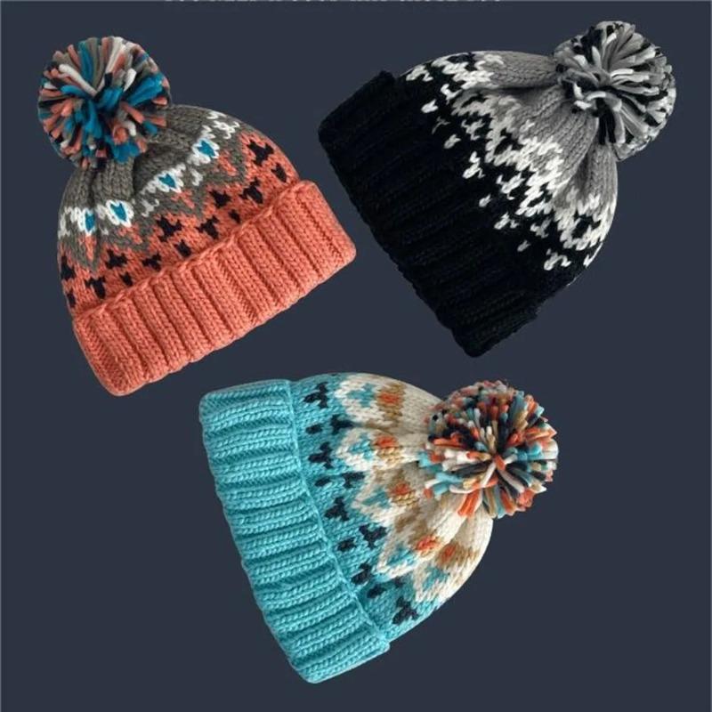 Fashion Cute Print Embroidery Beanies Hats for Women Men Winter Warm Pompom Baggy Knit Hat Bonnet Caps