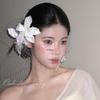 French Retro Bridal Hair Clip: Ethereal 3D White Flower Mesh Headpiece for Wedding Styling