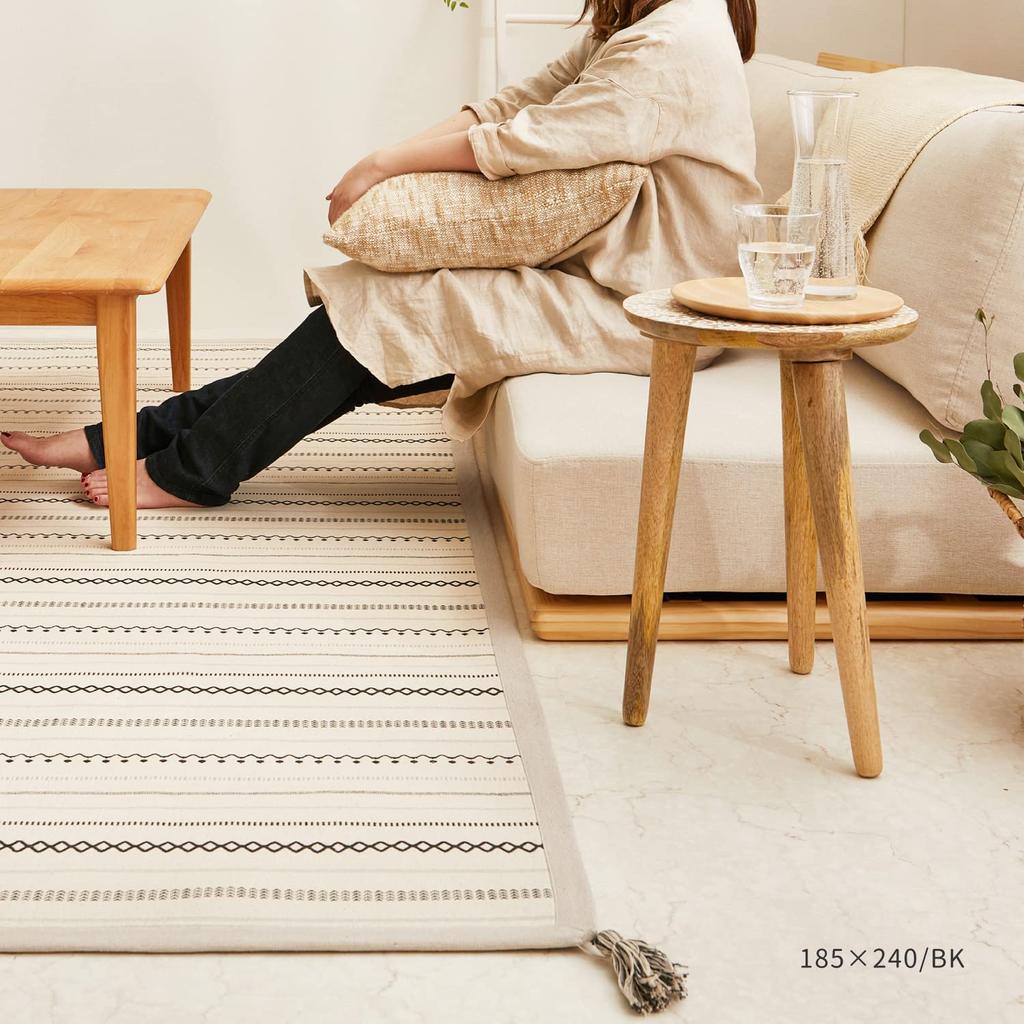 Hagiwara "Tick" Rug, Blue, Approx. 130 x 185 cm, Machine Washable, 100% Cotton with Urethane Filling, Geometric Pattern, Natural Color, with Tassels