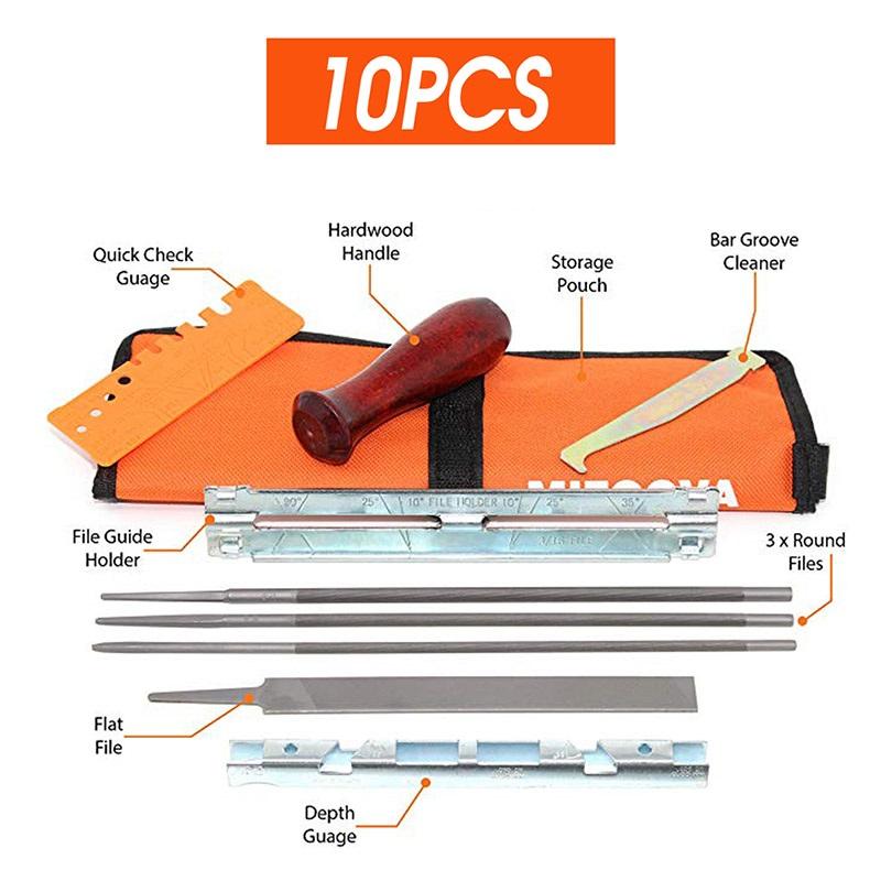 10/ 11/12 Pcs Set Professional Chainsaw Chain Sharpening Kit Tool Hardwood Handle Round/Flat File Guide Bar File Sharpener Tools