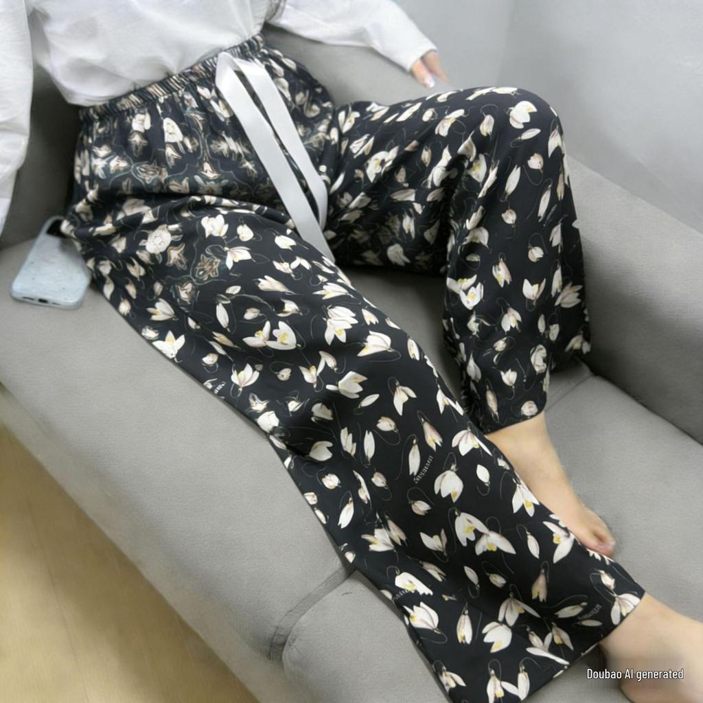 Damen-Blumen-Baumwoll-Seiden-Pyjama - Große Größen, Sommer, Leicht, Für draußen, Gerades Bein, Lockerer Schnitt