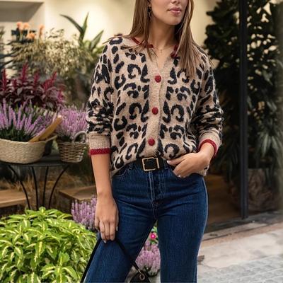Women S Vintage Leopard Print Long Sleeve Knit Cardigan