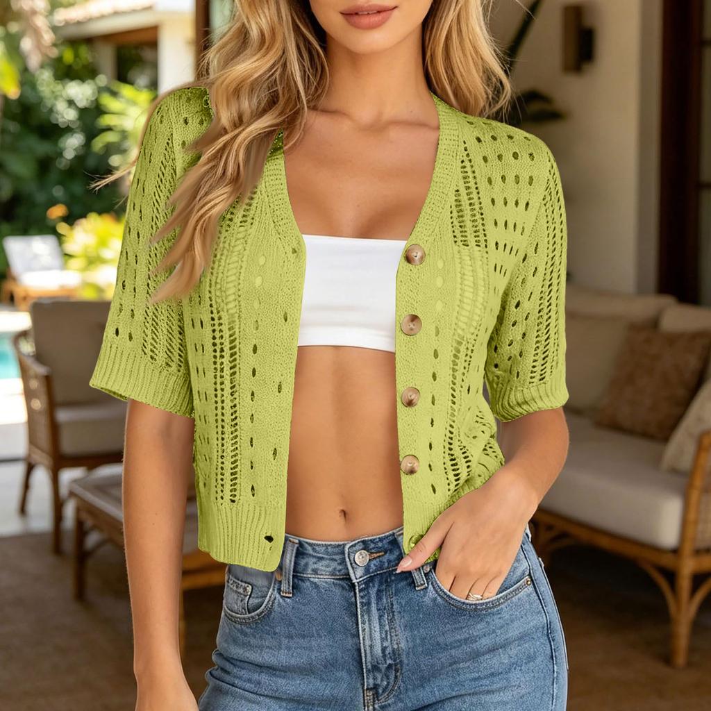 Women Knit Openwork Cardigan Short Sleeve Button Front Cropped Sweater Casual Lightweight Summer Outerwear