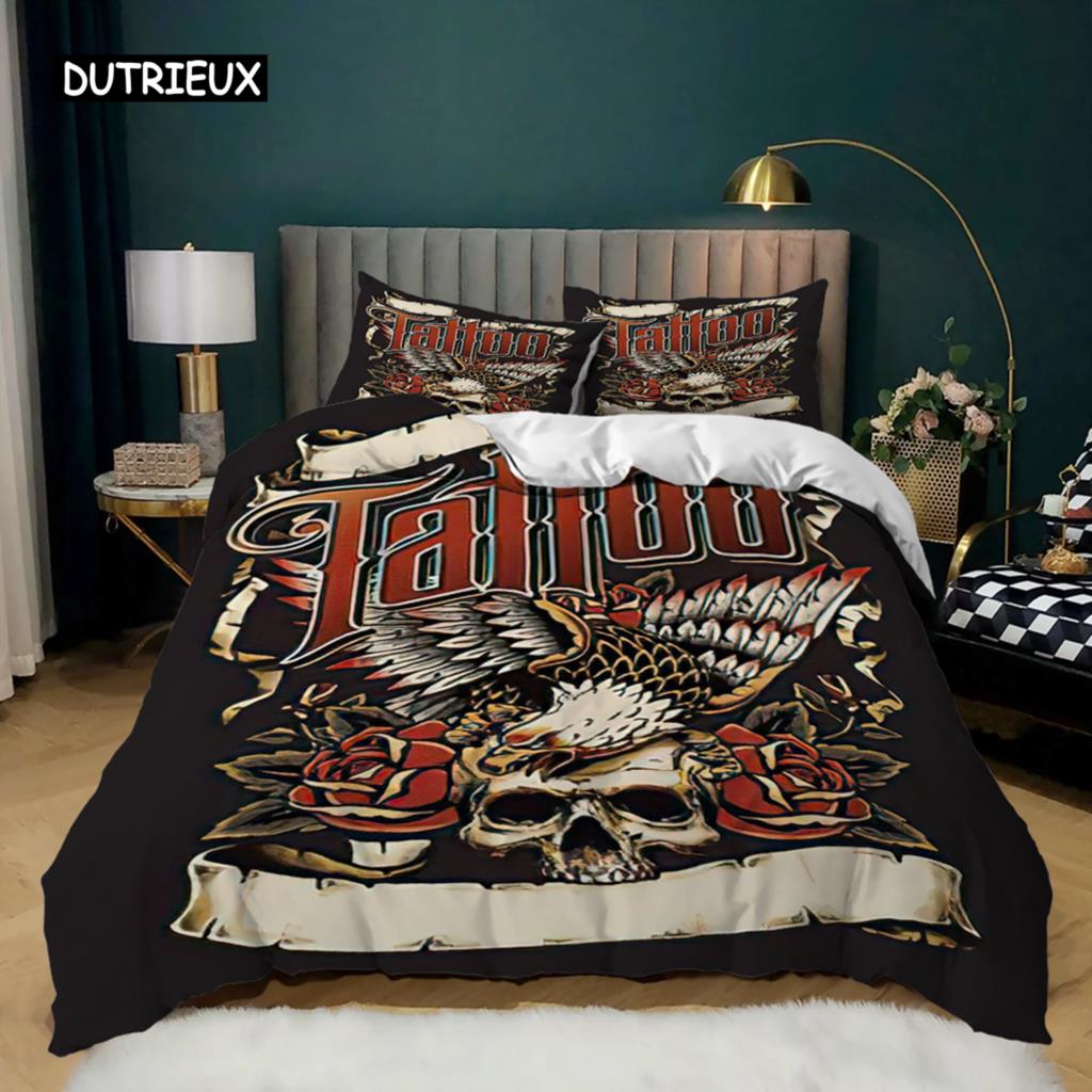 Skull Duvet Cover Queen Size Gothic Skeleton Bedding Set Rose Flower Polyester Comforter Cover for Kids Teens Adults Halloween