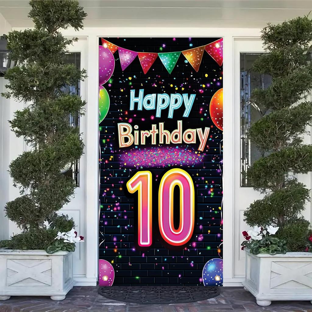 10th Birthday Door Cover Decoration 71 x 35 Inch Colorful Balloons and Lights Banner for Kids Happy Tenth Birthday Party Supplies Photo Backdrop Wall