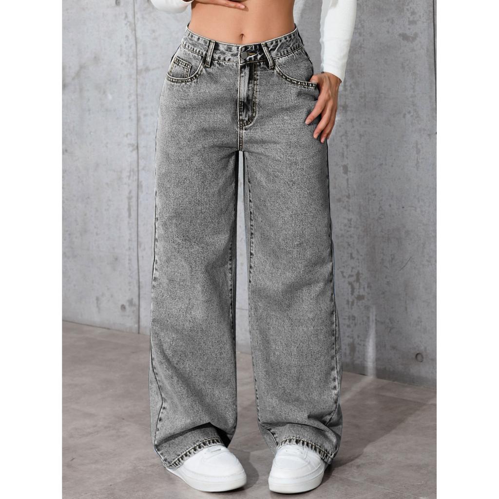 Autumn High-waisted Wide-leg Women's Jeans - Light Grey Washed Jeans Loose and Fashionable