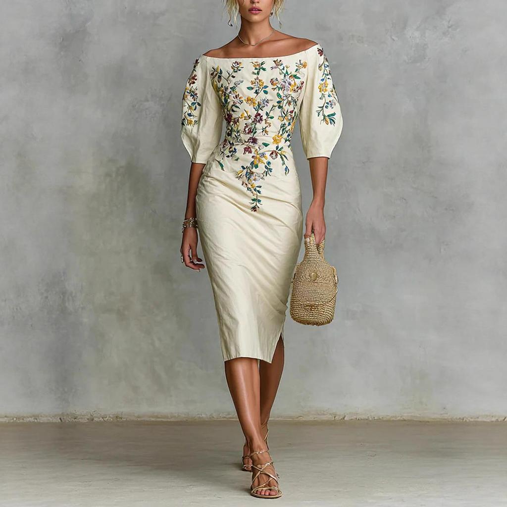 Elegant One-Shoulder Dress with Five-Point Sleeves and Slim-Fit Waist - 2025 European & American Style