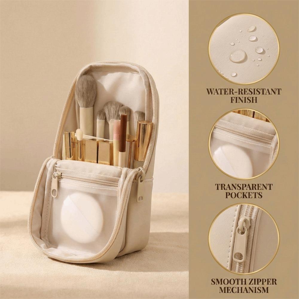 Waterproof Makeup Brush Bag Zipper Multi-Compartment Standing Cosmetic Pouch PU Large Capacity Pen Storage Organizer Case