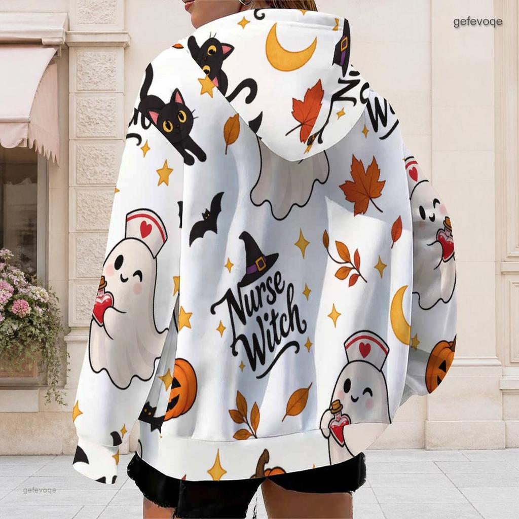 Women Plus Size Zip Up Long Sleeve Hoodie Cute Ghost Witch Printed Drawstring Hood Pockets White