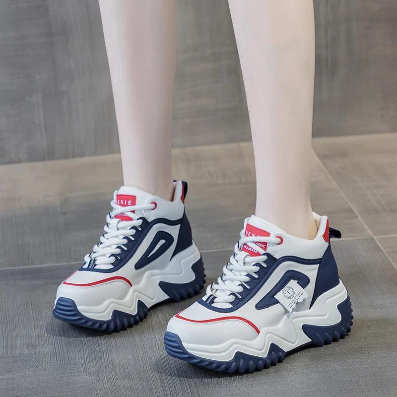 Genuine Leather 7CM Casual Sneakers Women  New Chunky Platform Sports Shoes Ladies High Heels Designer Tennis Thick Bottom