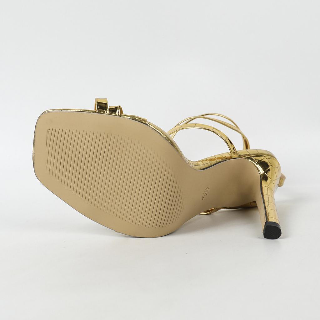 Metall Steinmuster Kreuz Knöchelriemen Eckiger Kopf Stiletto Sandalen Mode Party Goldene Absätze