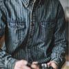 Men's Heavyweight Retro American Khaki Denim Shirt, Vertical Stripes, Washed Distressed, Long-sleeved Workwear.