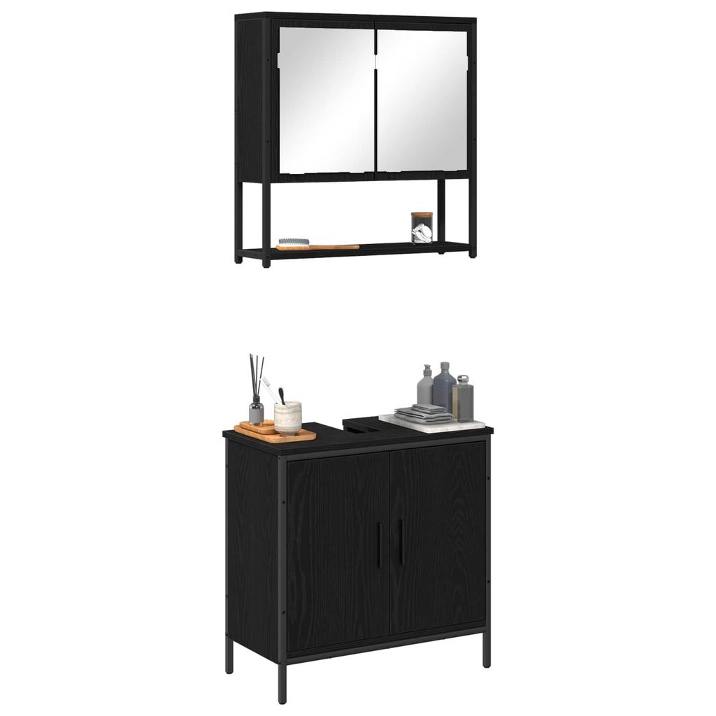 Bathroom Furniture Set with Shelf 2 Pcs Black Particleboard