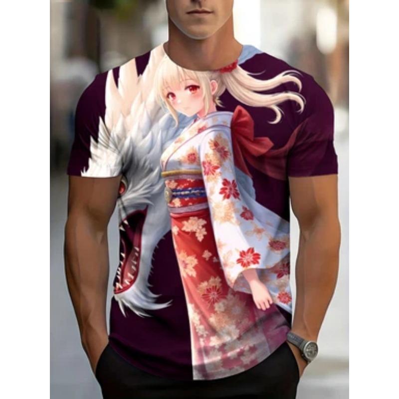 Men's Anime 3D Full Body Print T-Shirt - Manga Dragon and Kimono Samurai Design