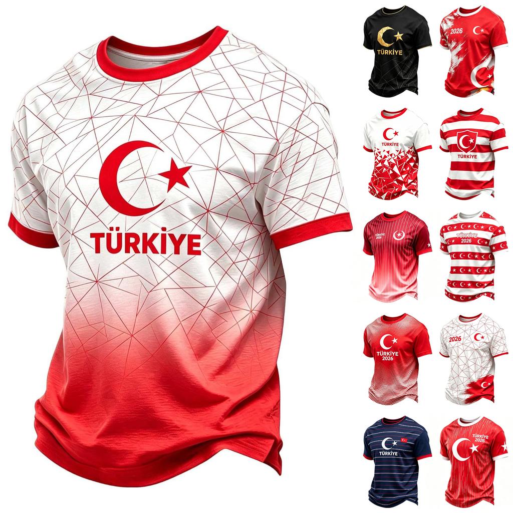 Men's Casual Crew Neck Short Sleeve Pullover T-Shirt Geometric Print Football Fan Top for Sports and Everyday Wear