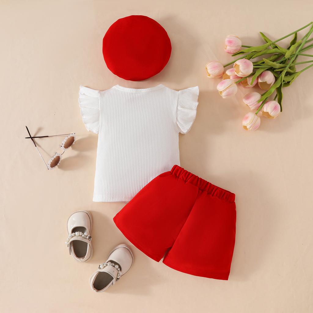 2026 LY New Casual Breathable Kids Clothes Girls Sleeveless Ruffled Top Large Bow Buttoned Skirt-Pants Beret Hat Clothing Set