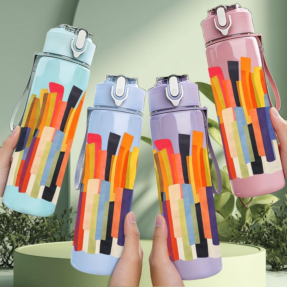 1PC Stacked Colorful Pencil Art Print 750ml Color Plastic Sports Water Bottle Leakproof Flip Straw Lid Suitable for Sports Office Home Use