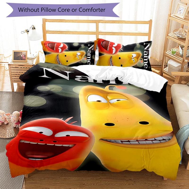 3pcs Custom Name Cartoon Larva Bedding Set Duvet Cover Closure Includes 1 Duvet Cover & 2 Pillowcases for All Seasons Bedroom Decor