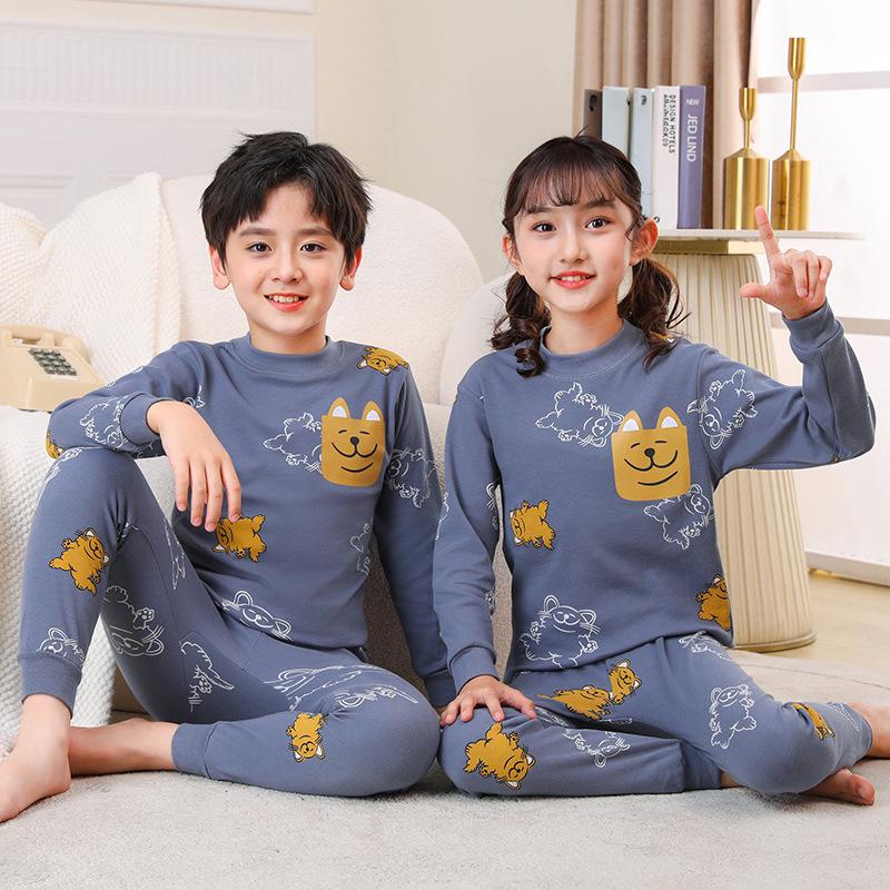 Kids' Cotton Pajama Set: Boys' Warm Underwear or Girls' Autumn Sweater and Pants, Small to Medium Sizes.