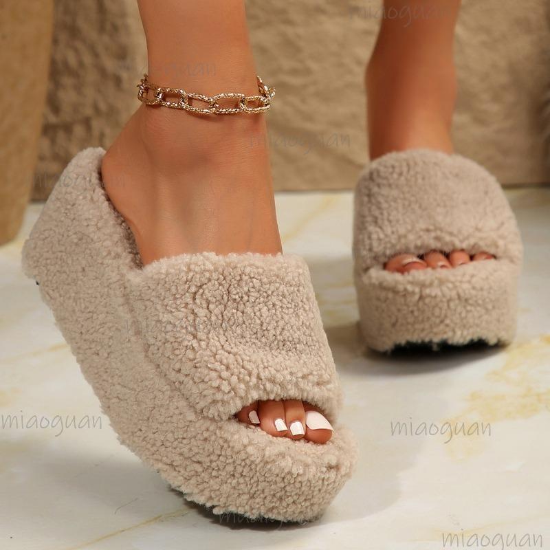 Fashion Platform Women's Slippers Wedge Fluffy Slides Fur Slippers for Women Winter Open Toe Indoor Shoes Comfortable Fashion Sandals